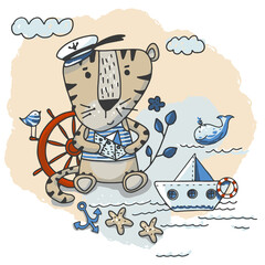 A little tiger is playing sailor.A tiger is sitting on the shore. Children's print for fabric, T-shirt, poster, postcard, baby shower.