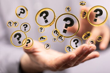Businessman solving problem with digital question marks 3D rendering