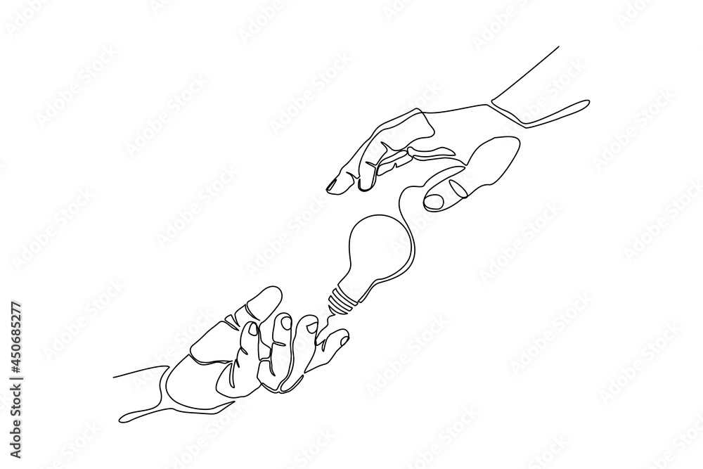 Wall mural Continuous line drawing of light bulb and two palm hands as a symbol of ideas. Creative problem solving single one line art. Vector illustration