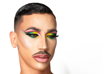 closeup portrait of young man with mustache and glamorous makeup on white background