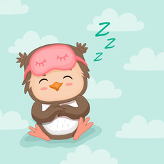 Cute cartoon owl is sleeping. Owlet on blue background with clouds. Vector illustration
