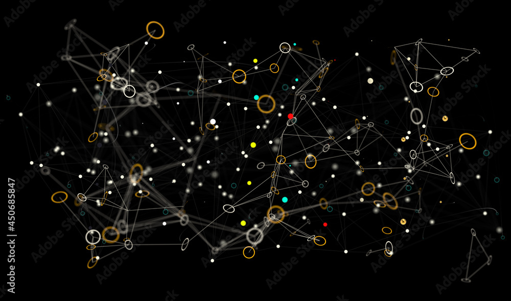 Poster abstract lines with dots over dark background.