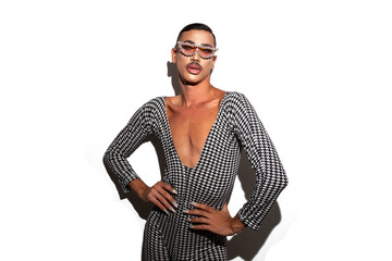 beautiful drag queen with mustache, glasses and acrylic nails posing glamorously on a white background