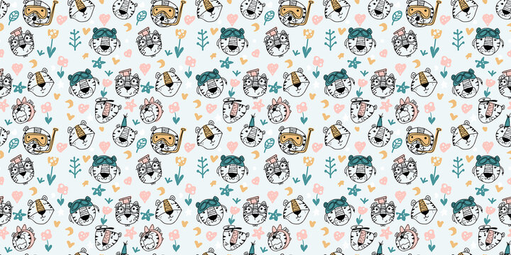 An endless pattern with funny faces of tiger cubs. Children's print for fabric, T-shirt, poster, postcard, baby shower.