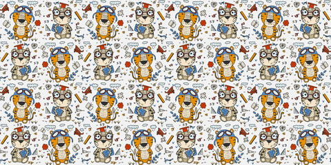 Tiger pattern for students and scientists. Children's print for fabric, T-shirt, poster, postcard, baby shower.