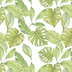 Green leaves seamless pattern background, watercolor hand drawn - 450686461