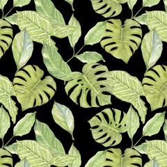 Green leaves seamless pattern background, watercolor hand drawn - 450686465