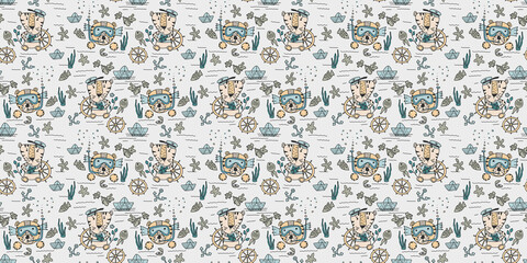 Fototapeta premium A pattern with a water tiger. The tiger is playing sailor. Children's print for fabric, T-shirt, poster, postcard, baby shower.