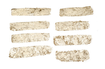Gold paint smear stroke stain set. Abstract gold glittering textured art