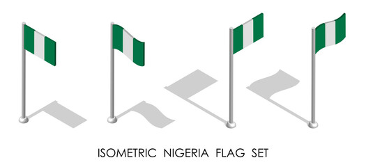 isometric flag of NIGERIA in static position and in motion on flagpole. 3d vector