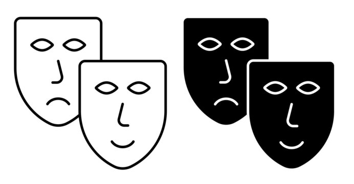 Linear icon. comedy and tragic theatrical masks together. Theatrical premieres, circus poster. Simple black and white vector isolated on white background