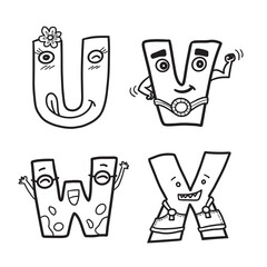 ABC Funny Alphabet coloring for kids. Cute alphabet fonts freehand style. Doodle alphabet for coloring book or greeting card.