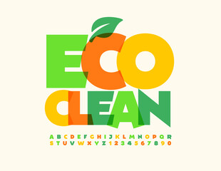 Vector creative poster Eco Clean with Decorative Leaf. Bright watercolor Font. Artistic set of Alphabet Letters and Numbers