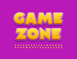 Vector creative logo Game Zone with Violet and Yellow Font. Funny Alphabet Letters and Numbers set