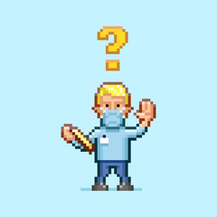 colorful simple flat pixel art illustration of cartoon doctor in a medical mask with a tablet in his hand and with an question mark above his head