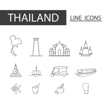 Icons set of Thailand black thin line. Set of map, architecture, tradition and more.