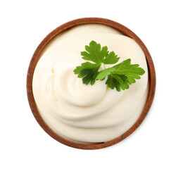 Bowl with delicious mayonnaise and parsley isolated on white, top view