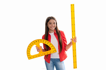 happy teen girl hold protractor ruler study math at school isolated on white, education