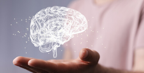 Human brain digital illustration. Electrical activity, flashes and lightning on a blue background.