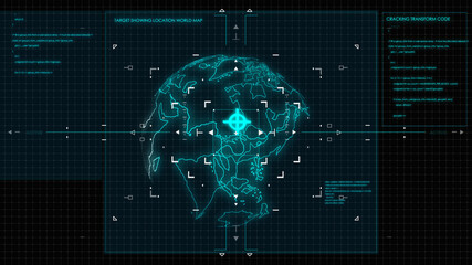 Target Analysis world map element. User Interface in Air Force and Aircraft. modern technology. Digital HUD graphic of screen. Futuristic user interface glow GUI digital element for cyber technology. - obrazy, fototapety, plakaty