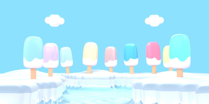 Cartoon popsicles ice land and blue sky. 3d rendered picture.