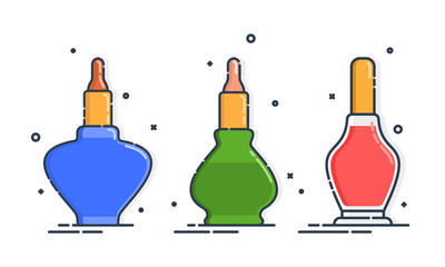 Set of cosmetic containers with aromatic oil in row. Female fashion product. Five plastic or glass bottle. Fashion and style. Closeup isolated object. Illustration on white background