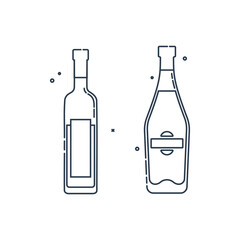 Bottle vodka and martini line art in flat style. Restaurant alcoholic illustration for celebration design. Design contour element. Beverage outline icon. Isolated on white backdrop in graphic style