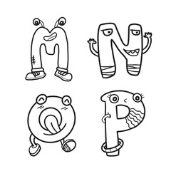 ABC Funny Alphabet coloring for kids. Cute alphabet fonts freehand style. Doodle alphabet for coloring book or greeting card.
