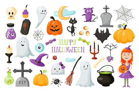Halloween set with cute cartoon elements of a scary holiday. Good ghosts, black cat, little witch girl, pumpkins, candles, cauldron with a potion, graves and sweets in flat style. Vector illustration