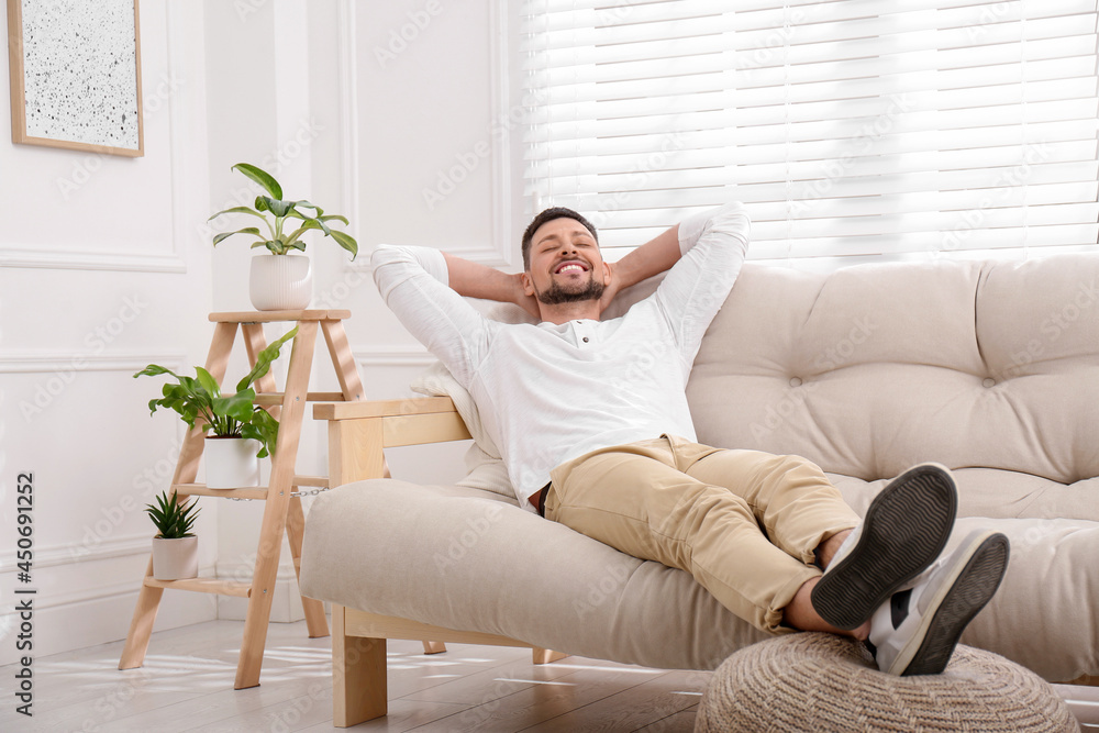 Wall mural handsome man relaxing on sofa at home