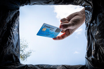 Hand throws credit card into trash bin with package on blue background, bottom view. concept of abandoning bank transactions and financial loans. - obrazy, fototapety, plakaty