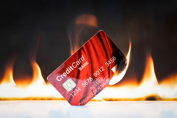 Bank credit card in flames on black background. Concepts of collapse of financial markets and the...