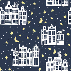 Sinterklaas with dutch houses at night Christmas seamless pattern - design for fabric, wrapping, textile, wallpaper, background.