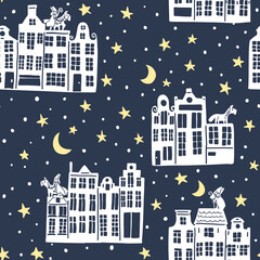 Sinterklaas with dutch houses at night vector Christmas seamless pattern - design for fabric, wrapping, textile, wallpaper, background.