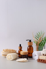 Zero waste, sustainable and eco-friendly lifestyle. Set of eco friendly natural cleaning products on white background. Close up, copy space