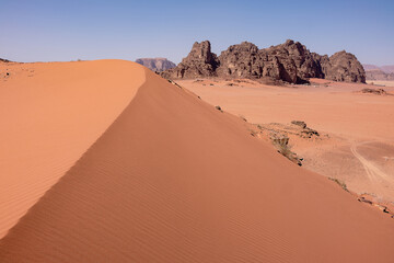 View of the sand dunes in the Wadi Rum desert Jordan.