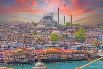 View from the Galata Bridge in Istanbul over the Bosphorus to the historic city center in the evening glow - obrazy, fototapety, plakaty