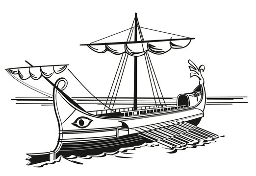 Ancient ship, Trireme. Black line vector illustration.