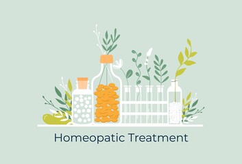 Green organic natural homeopathic pills in glass jars. Homeopathy treatment herbal alternative medicine, essential natural oil, herb pharmacy, food supplement. flat vector - 450692874
