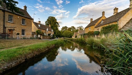 Fototapeta na wymiar Cotswolds lower Slaughter cottages reflection at sunset beautiful sky