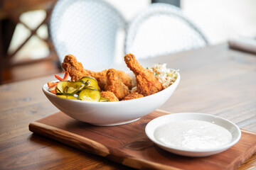 Fried Chicken in a Bowl with Sides - obrazy, fototapety, plakaty