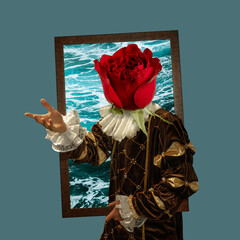 Model like medieval royalty person in vintage clothing. Concept of comparison of eras, artwork,...