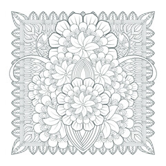 Printable Doodle flowers in monochrome for coloring page, cover, wedding invitation, greeting card, wall art isolated on white background. Hand drawn sketch for an adult anti stress coloring page.