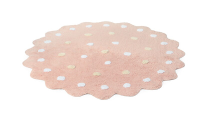 Round pink rug with polka dot pattern isolated on white