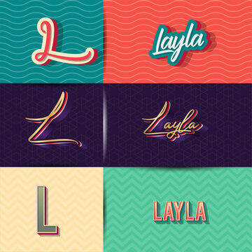 name Layla in various Retro graphic design elements, set of vector Retro Typography graphic design illustration