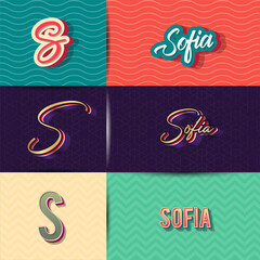 name Sofia in various Retro graphic design elements, set of vector Retro Typography graphic design illustration