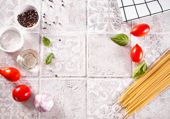 Italian pasta ingredients on table. Food cooking. Top view. Copy space.