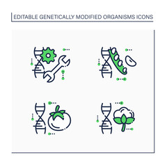 Genetically modified organism line icons set. Genetic engineering.Modified cotton, tomato, soybean. Isolated vector illustrations.Editable stroke