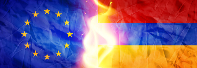 Creative Flags Design of (European Union and Armenia) flags banner, 3D illustration.