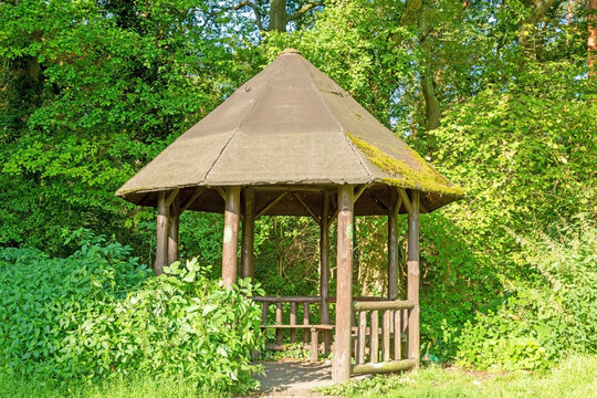 Image of a hiker's shelter in a forest path in summer